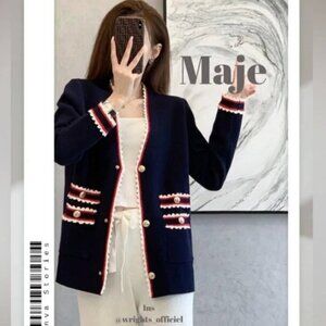 NWOT Maje Moulinette Contrast Trim Knit Blazer Cardigan Sweater Marine Blue XS